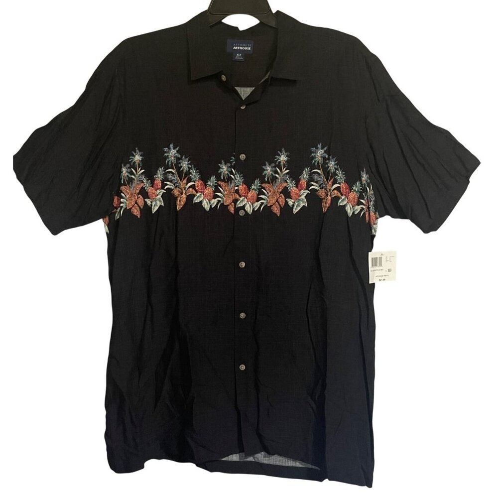 Arthouse Black Hawaiian Camp Shirt Mens XLT Tropical Pineapple Print Coastal